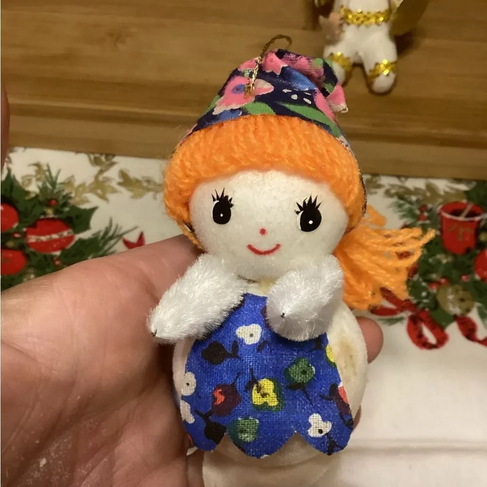 Vintage Angel & Doll Flocked Christmas Ornaments Set MCM Yarn Hair Foam Body